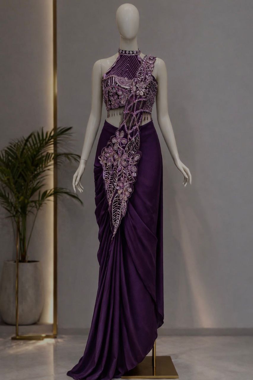 Premium Designer Ready-to-Wear Saree with Heavy Hand Embroidery & Statement Blouse – Chocolate Brown Party Wear Collection