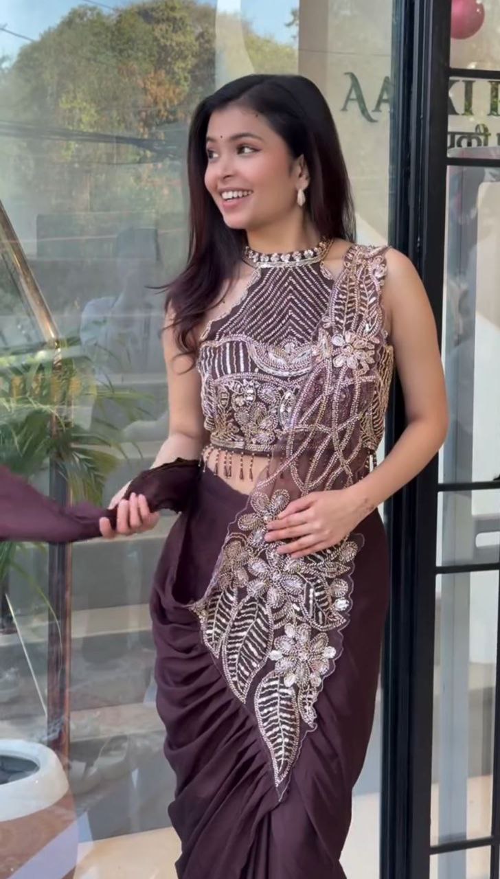 Premium Designer Ready-to-Wear Saree with Heavy Hand Embroidery & Statement Blouse – Chocolate Brown Party Wear Collection
