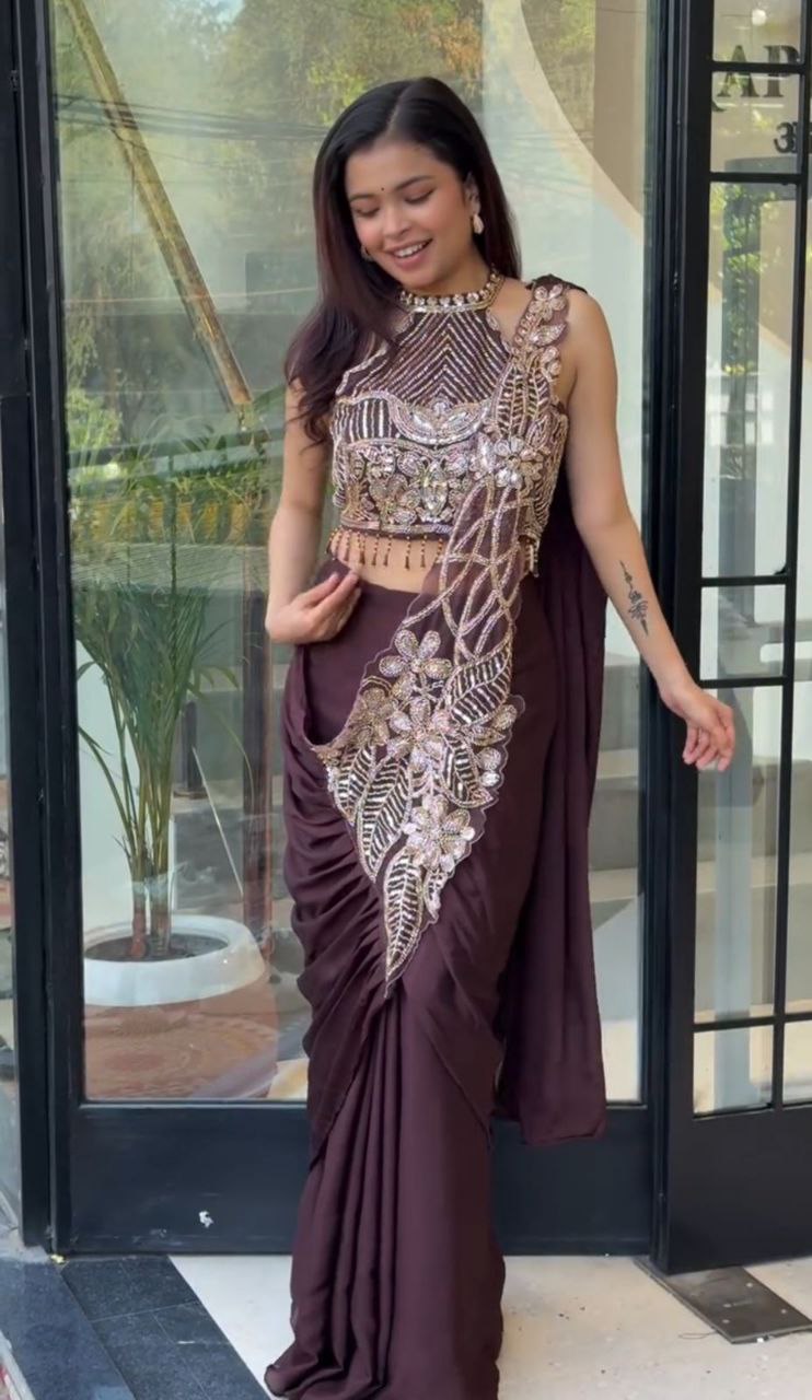 Premium Designer Ready-to-Wear Saree with Heavy Hand Embroidery & Statement Blouse – Chocolate Brown Party Wear Collection