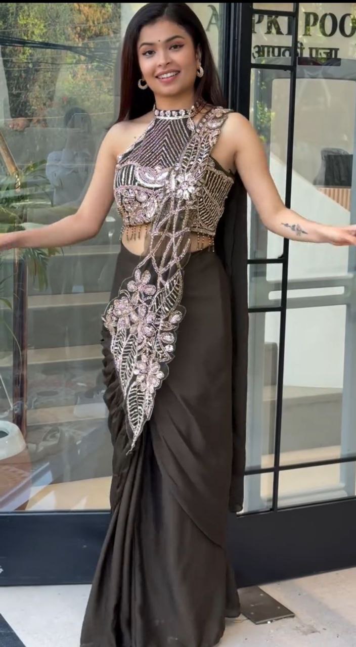 Premium Designer Ready-to-Wear Saree with Heavy Hand Embroidery & Statement Blouse – Chocolate Brown Party Wear Collection