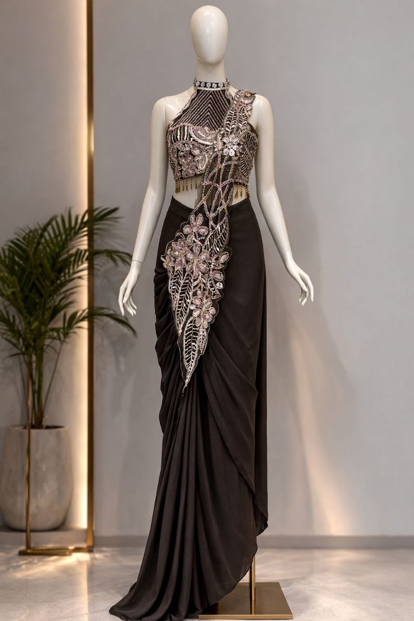 Premium Designer Ready-to-Wear Saree with Heavy Hand Embroidery & Statement Blouse – Chocolate Brown Party Wear Collection