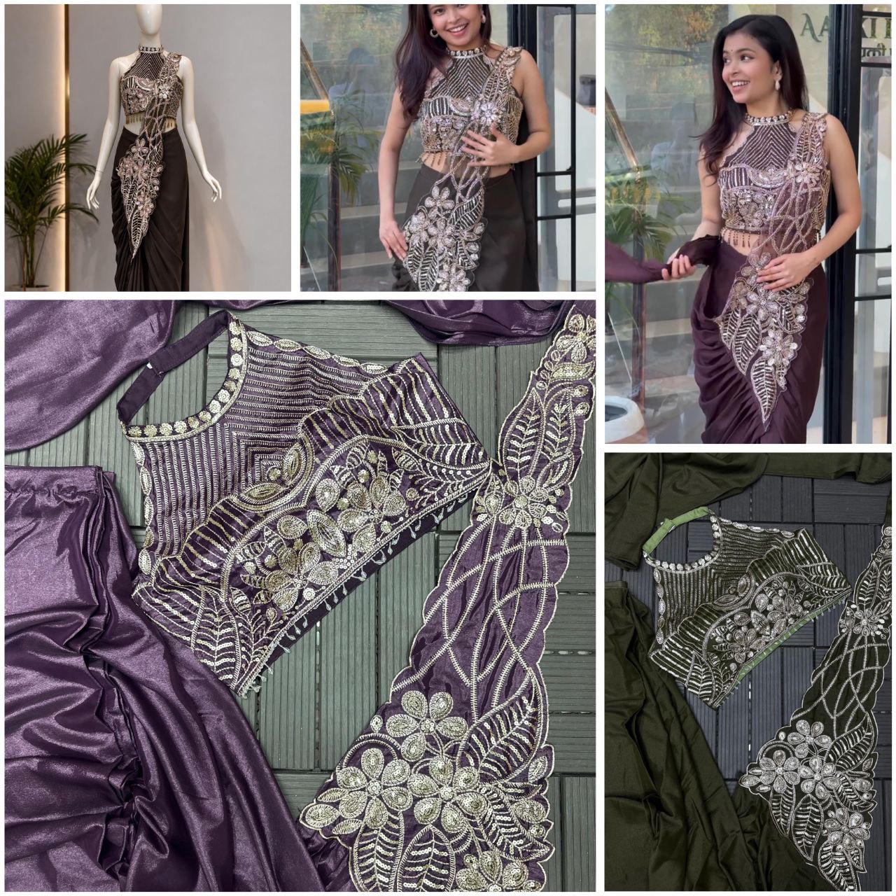 Premium Designer Ready-to-Wear Saree with Heavy Hand Embroidery & Statement Blouse – Chocolate Brown Party Wear Collection