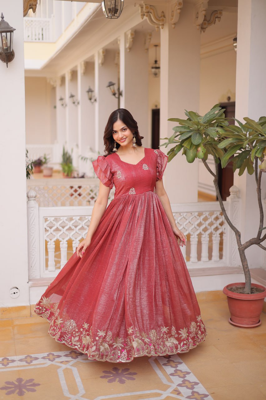 Elegant Anarkali Gown for Women – Mustard & Maroon Wedding Wear Dress