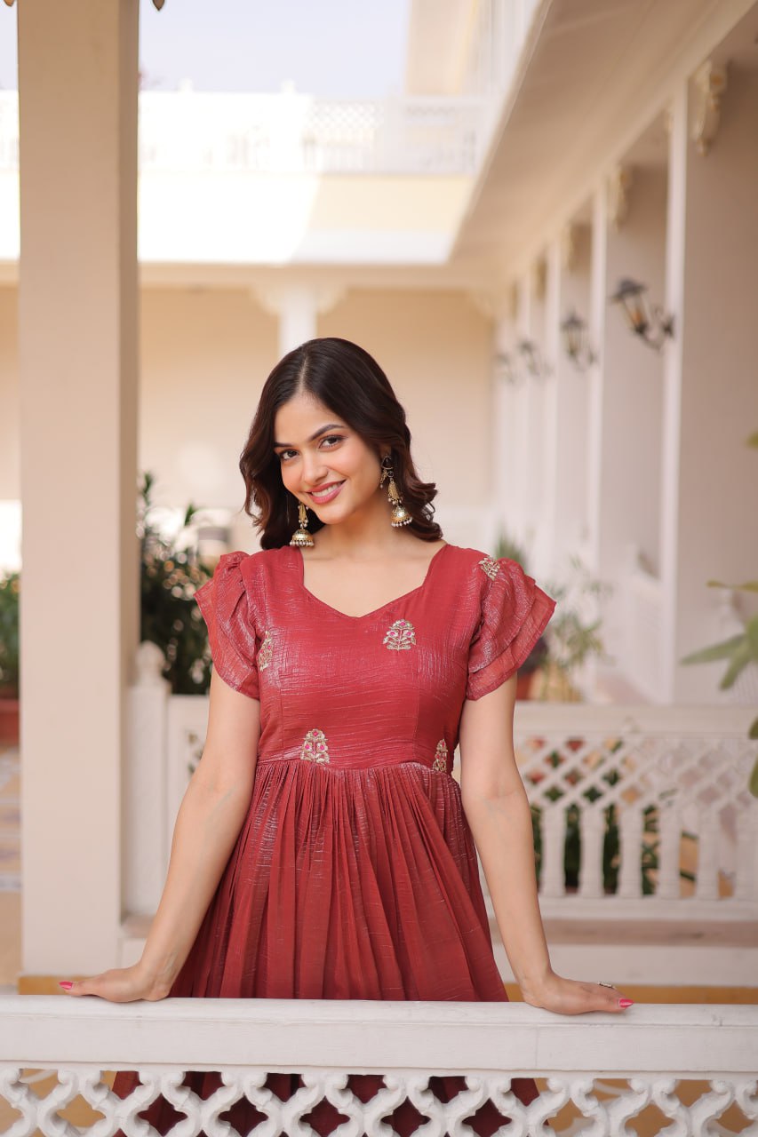 Elegant Anarkali Gown for Women – Mustard & Maroon Wedding Wear Dress