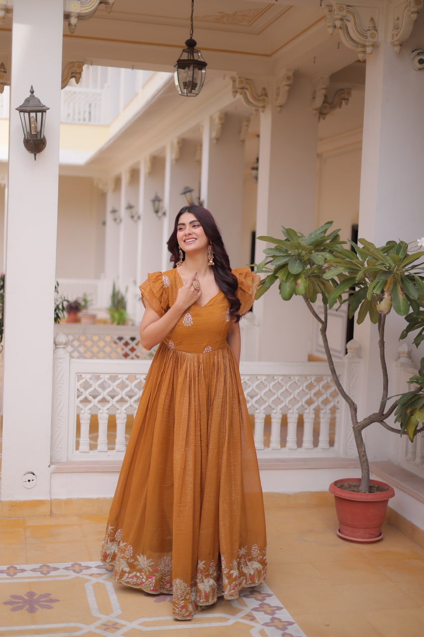 Elegant Anarkali Gown for Women – Mustard & Maroon Wedding Wear Dress