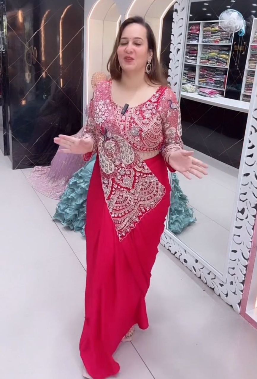 Premium Designer Ready-to-Wear Saree with Heavy Embroidery & Sequin Work – Hot Pink Party Wear Collection ✨💖