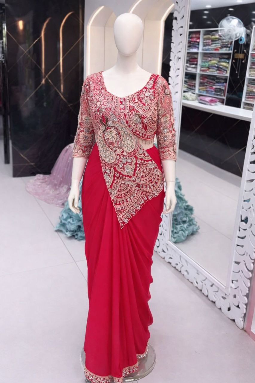 Premium Designer Ready-to-Wear Saree with Heavy Embroidery & Sequin Work – Hot Pink Party Wear Collection ✨💖