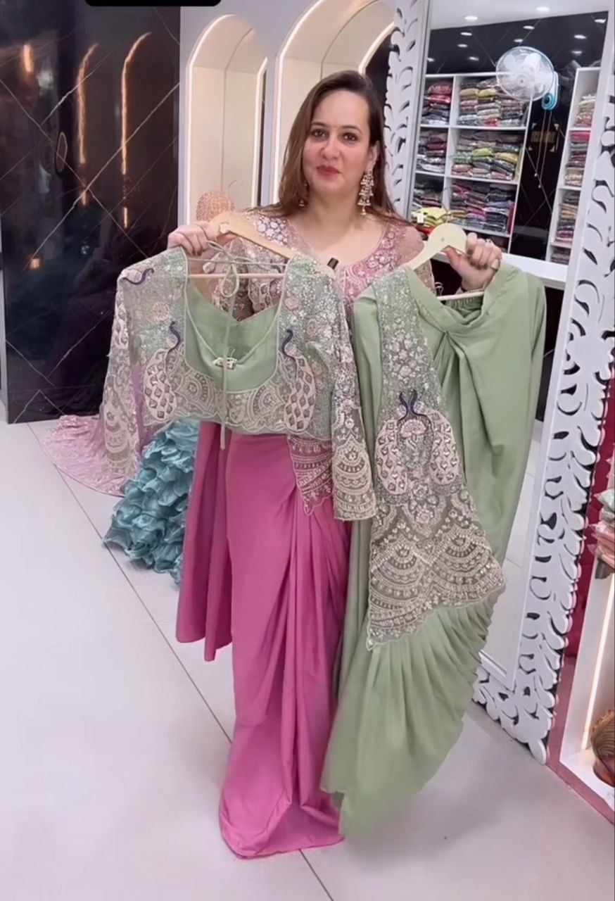 Premium Designer Ready-to-Wear Saree with Heavy Embroidery & Sequin Work – Hot Pink Party Wear Collection ✨💖