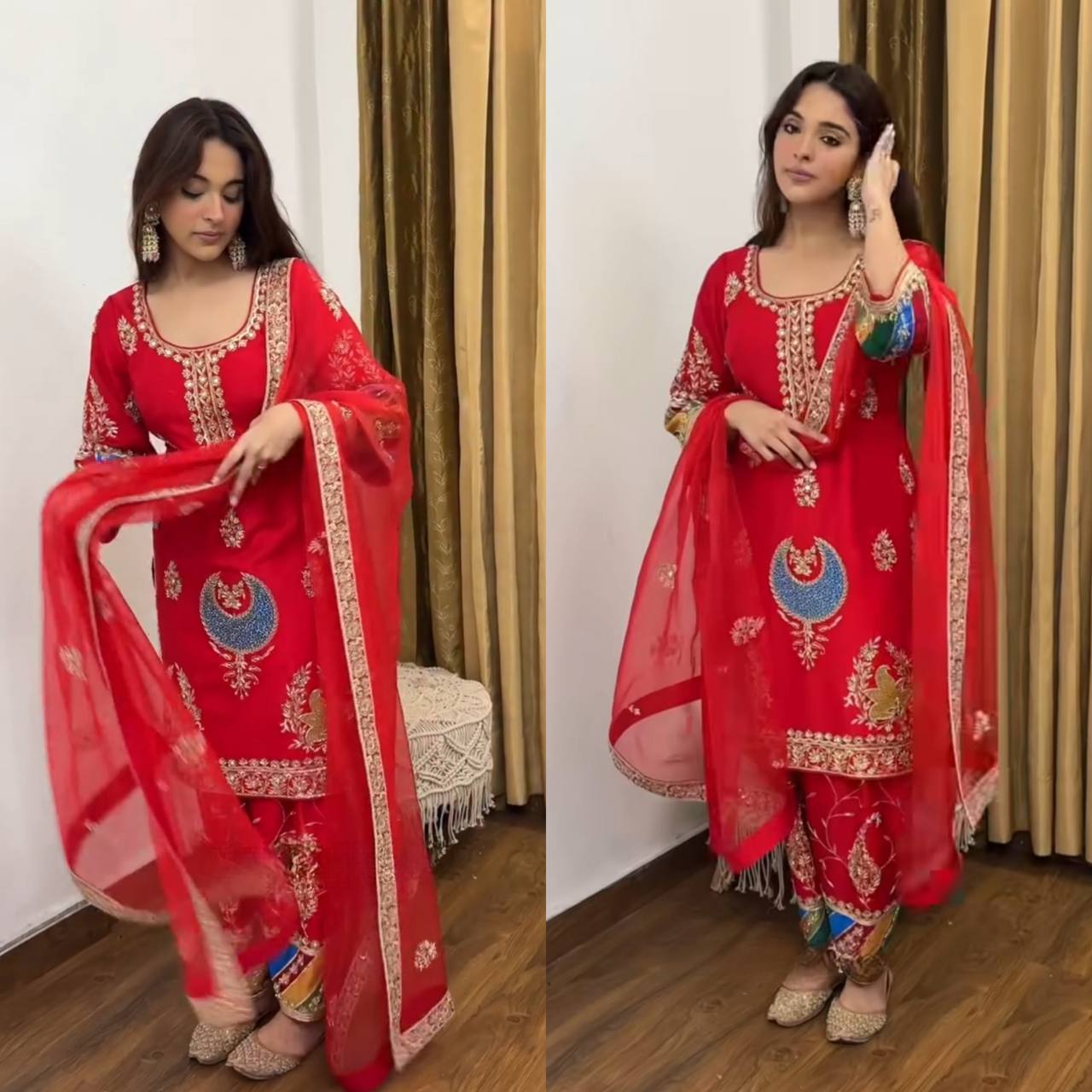 Festive Wear Red Suit for Women | Designer Kurti with Pant & Dupatta Set