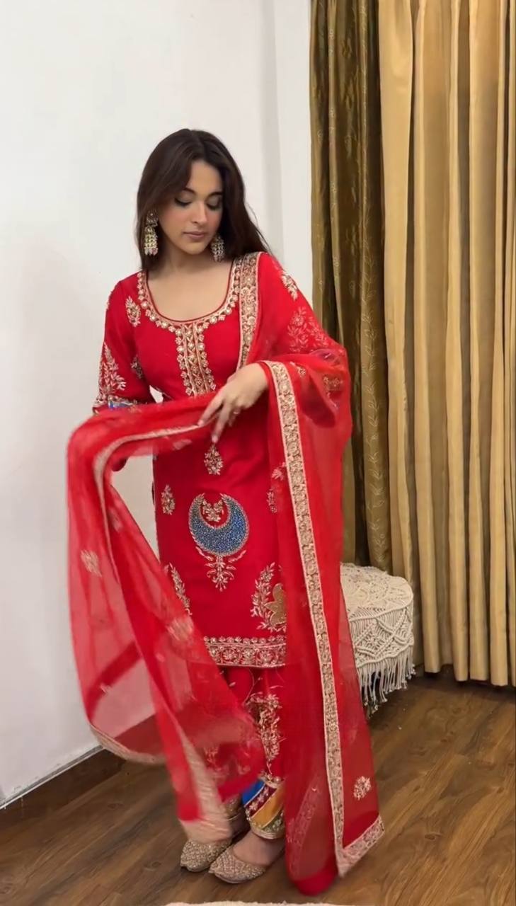 Festive Wear Red Suit for Women | Designer Kurti with Pant & Dupatta Set