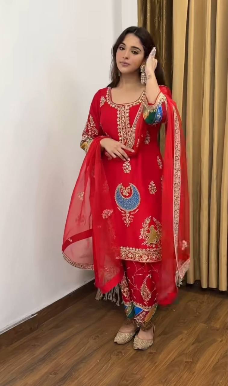 Festive Wear Red Suit for Women | Designer Kurti with Pant & Dupatta Set