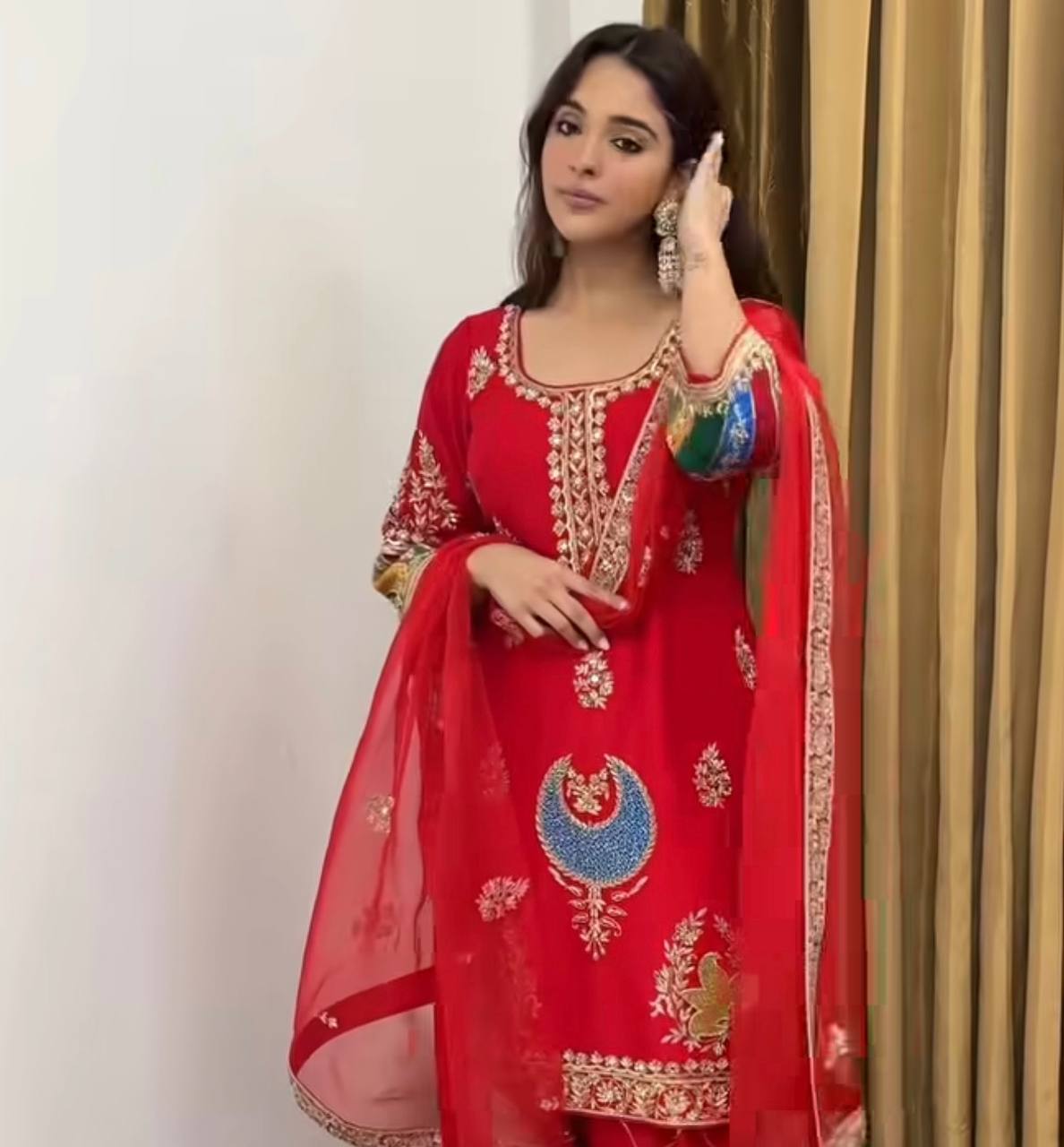 Festive Wear Red Suit for Women | Designer Kurti with Pant & Dupatta Set
