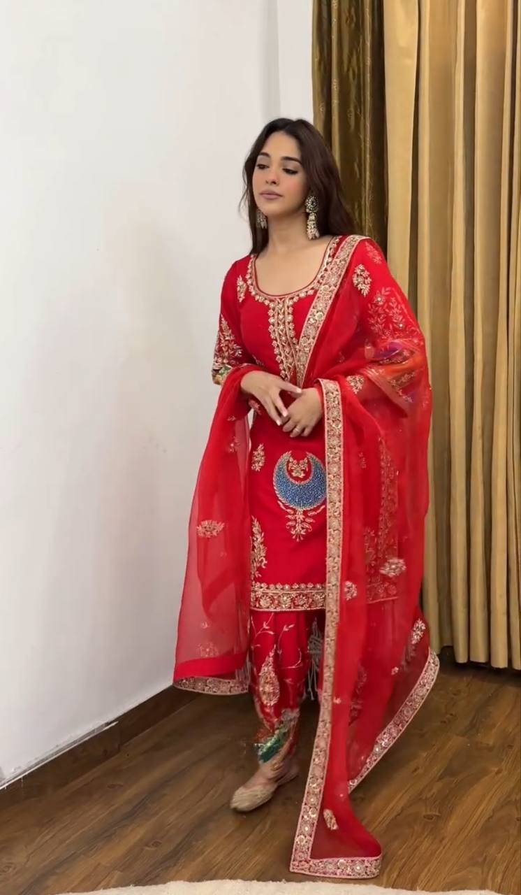 Festive Wear Red Suit for Women | Designer Kurti with Pant & Dupatta Set