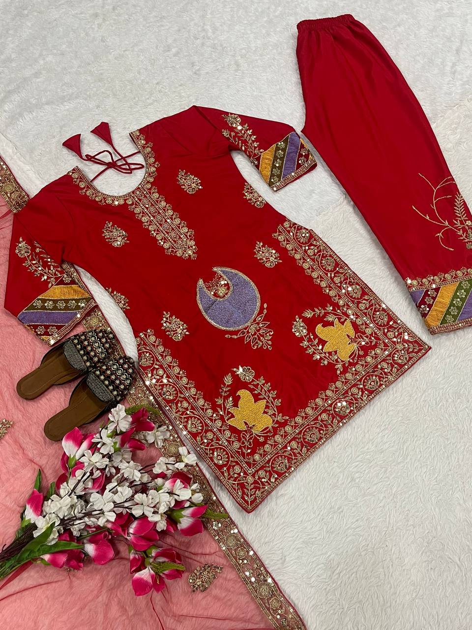 Festive Wear Red Suit for Women | Designer Kurti with Pant & Dupatta Set