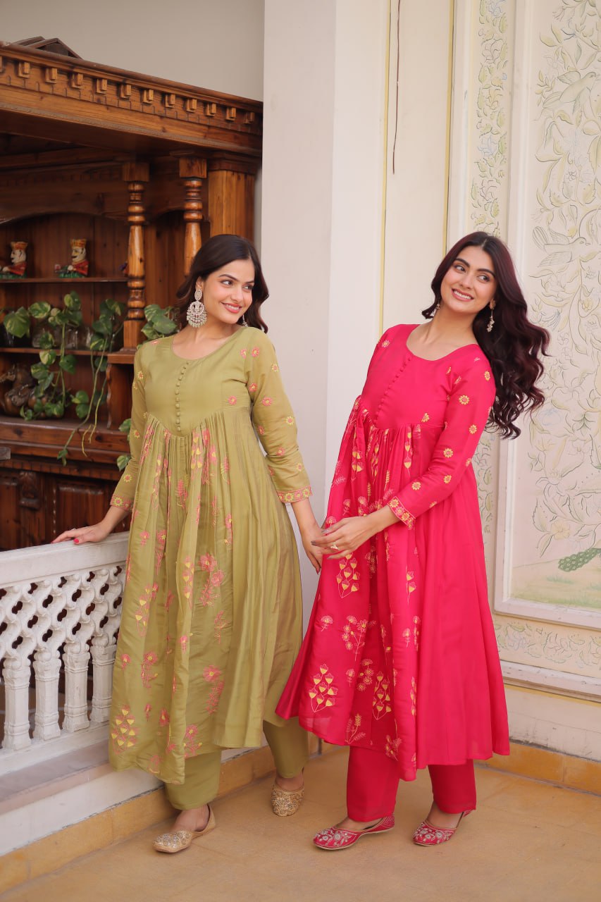 Women’s Embroidered Anarkali Kurti Set – Pink & Olive Green Ethnic Wear