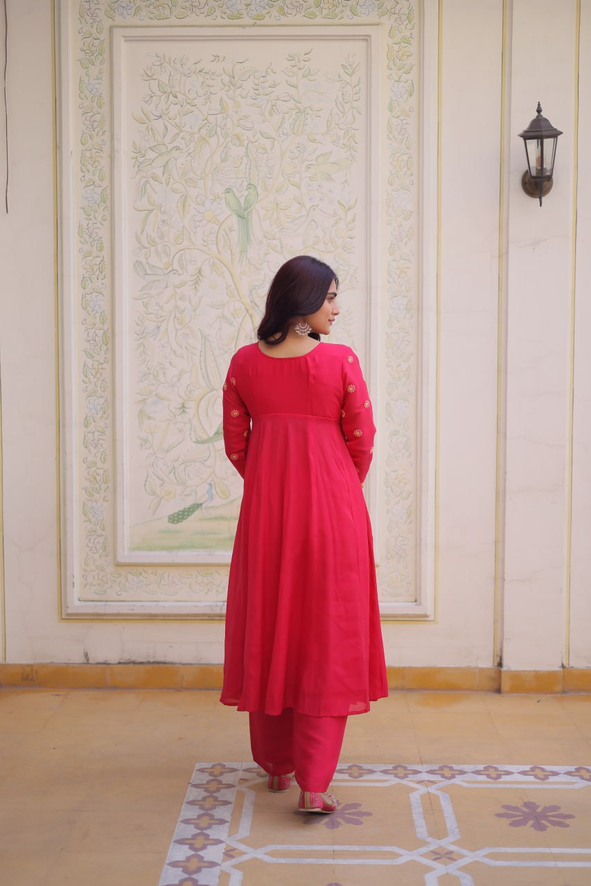 Women’s Embroidered Anarkali Kurti Set – Pink & Olive Green Ethnic Wear