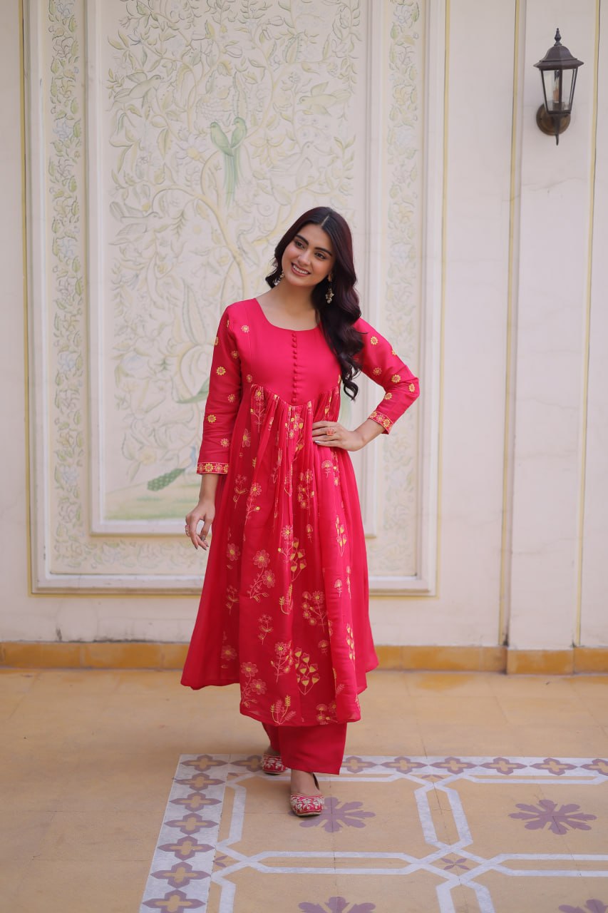 Women’s Embroidered Anarkali Kurti Set – Pink & Olive Green Ethnic Wear