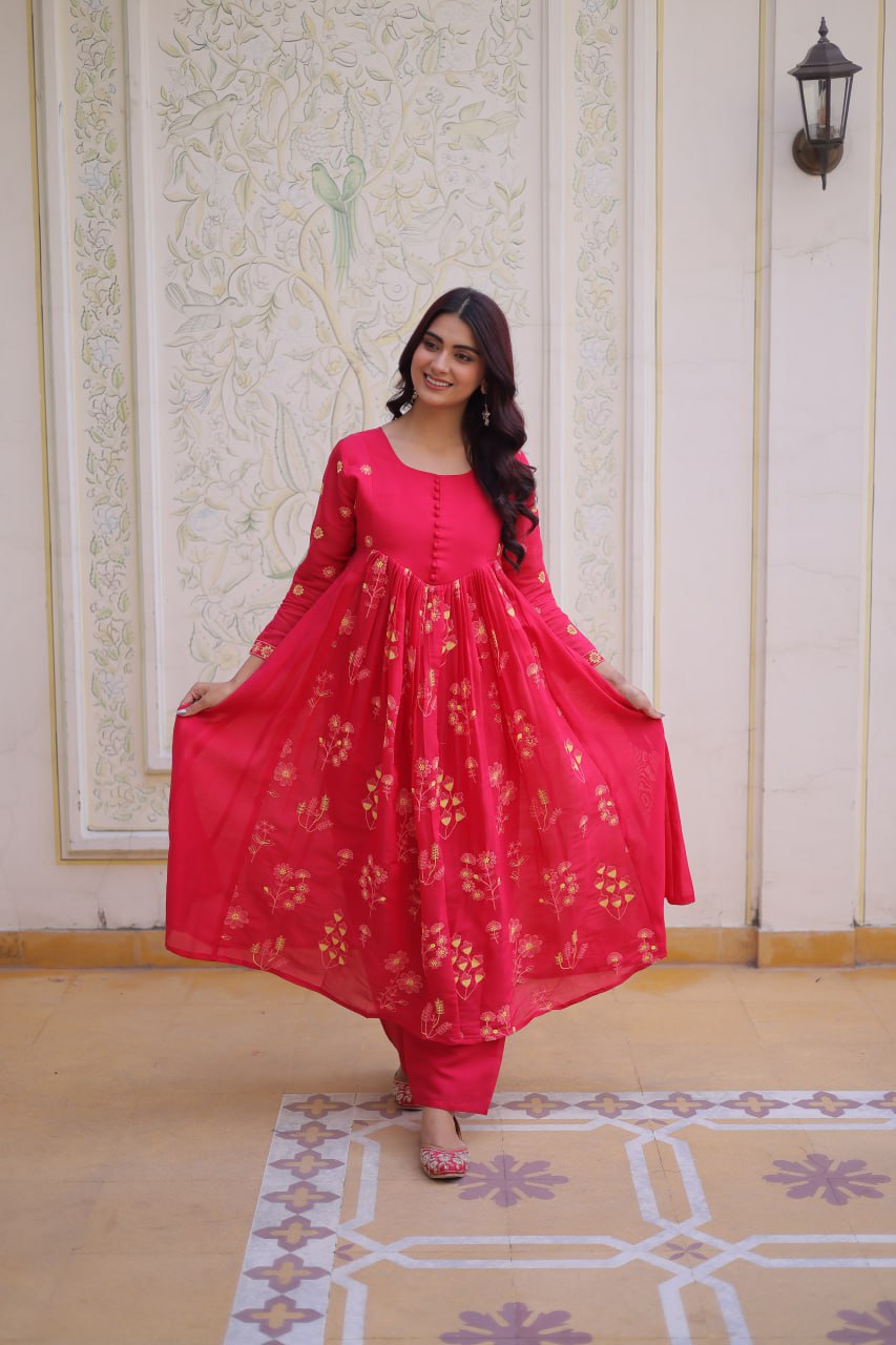 Women’s Embroidered Anarkali Kurti Set – Pink & Olive Green Ethnic Wear