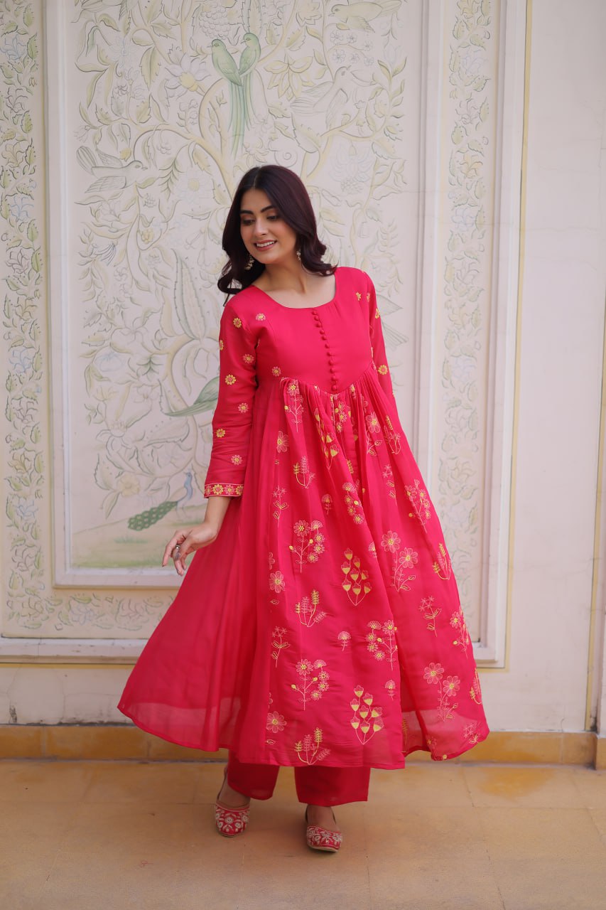 Women’s Embroidered Anarkali Kurti Set – Pink & Olive Green Ethnic Wear