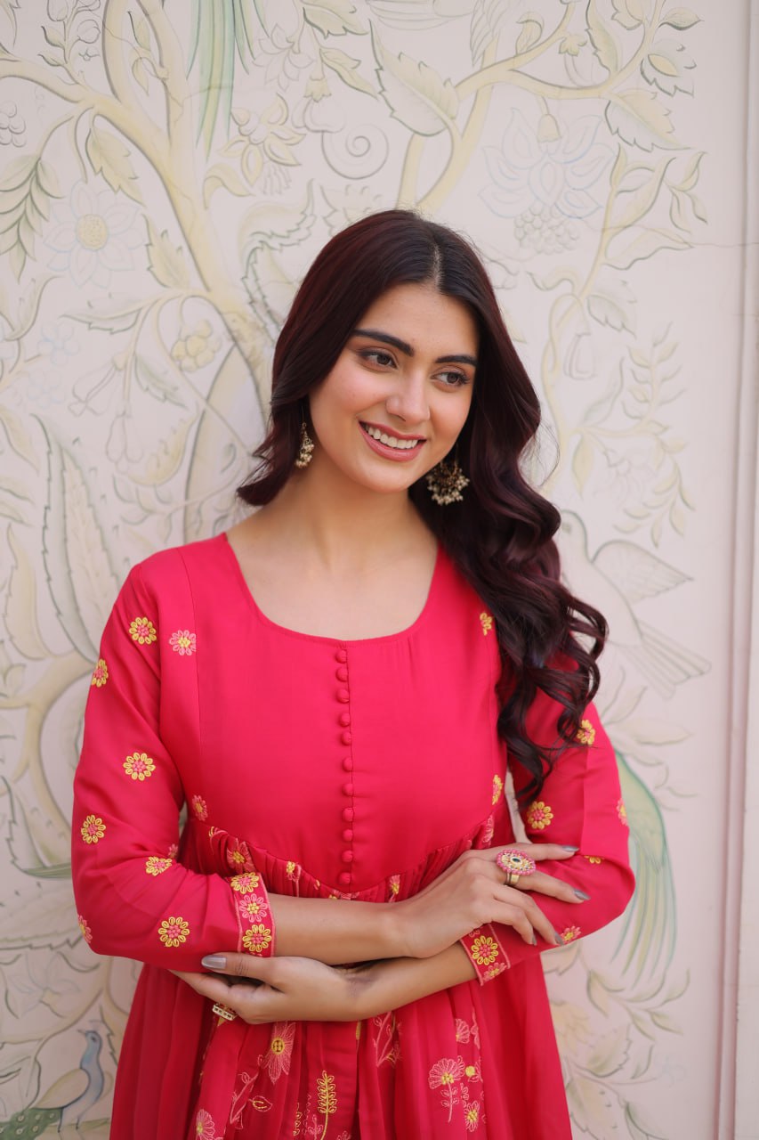 Women’s Embroidered Anarkali Kurti Set – Pink & Olive Green Ethnic Wear