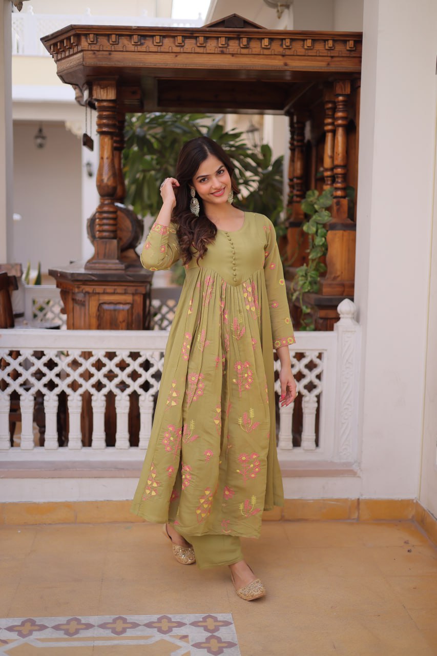 Women’s Embroidered Anarkali Kurti Set – Pink & Olive Green Ethnic Wear