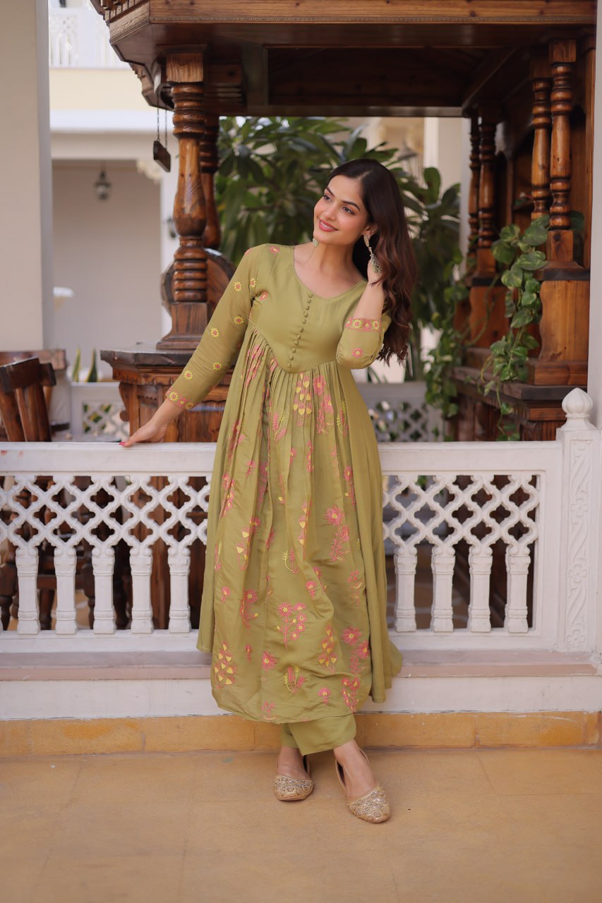 Women’s Embroidered Anarkali Kurti Set – Pink & Olive Green Ethnic Wear