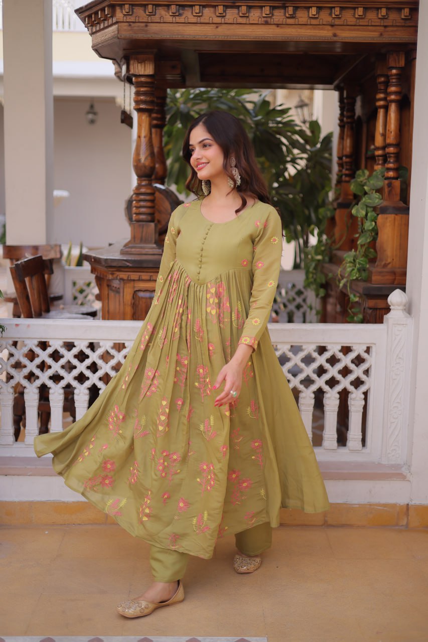 Women’s Embroidered Anarkali Kurti Set – Pink & Olive Green Ethnic Wear