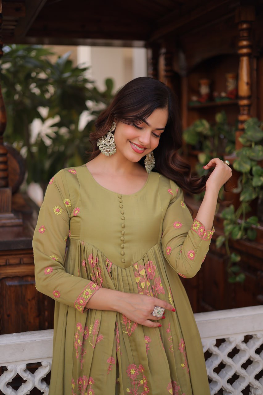 Women’s Embroidered Anarkali Kurti Set – Pink & Olive Green Ethnic Wear