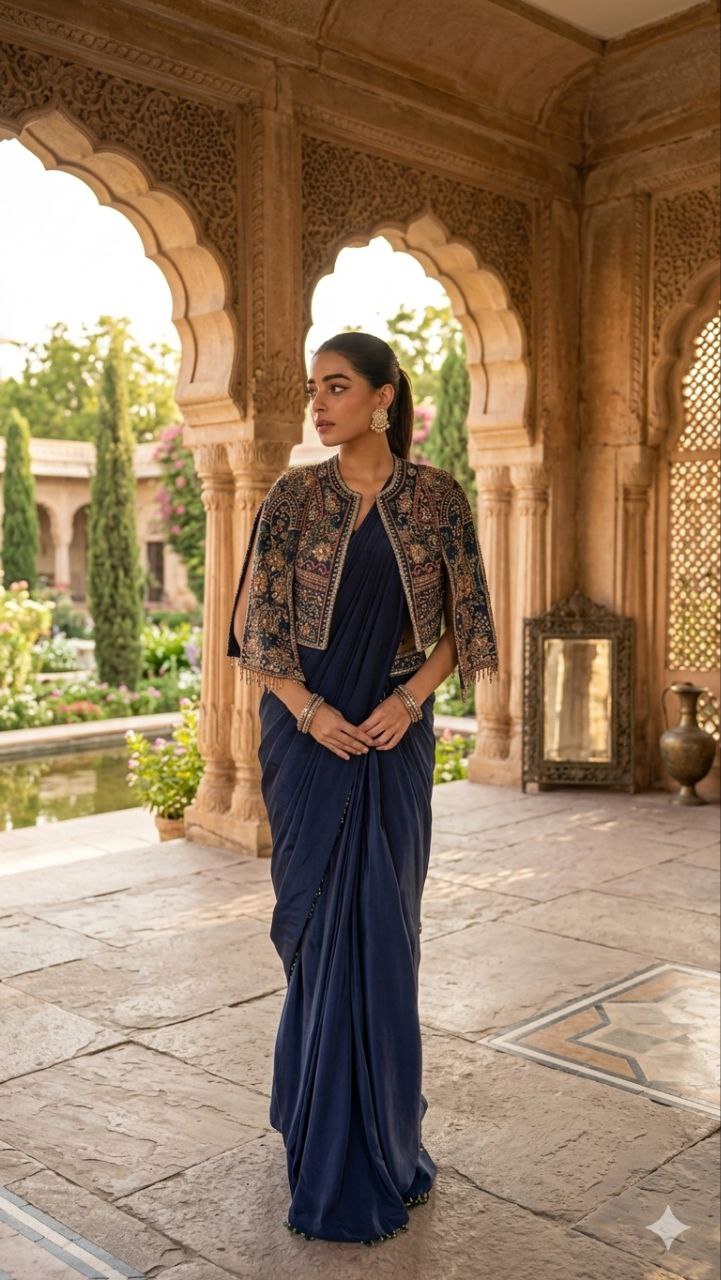 Royal Navy Blue Saree with Heavy Embroidered Designer Jacket