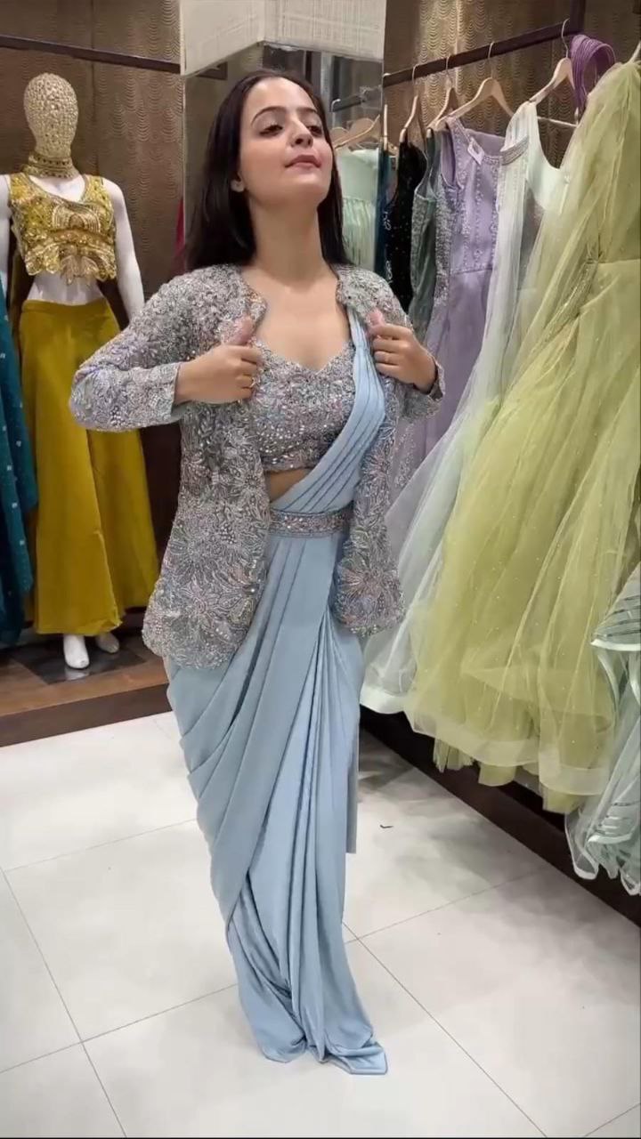 Graceful Powder Blue Saree with Embellished Jacket Style Look