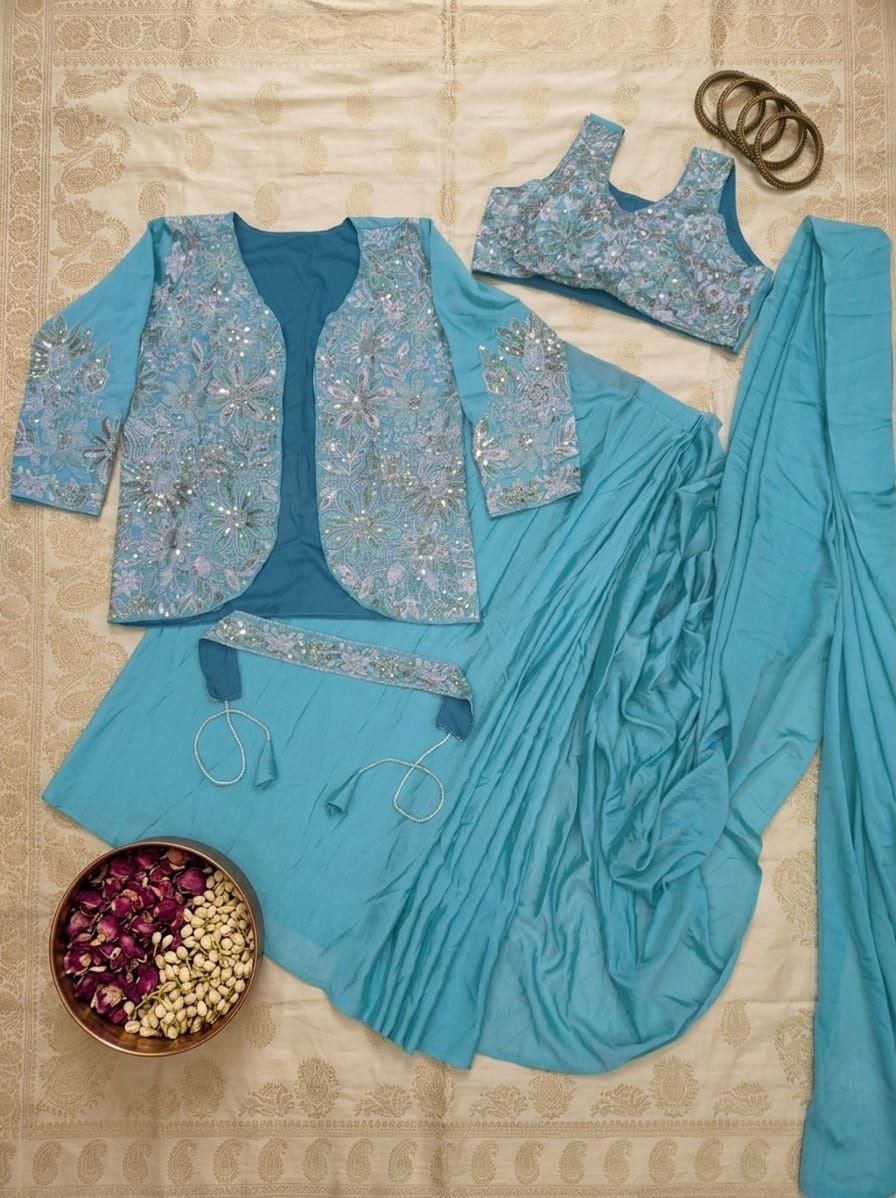 Graceful Powder Blue Saree with Embellished Jacket Style Look