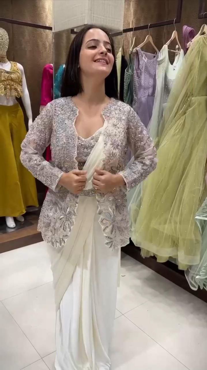 Graceful Powder Blue Saree with Embellished Jacket Style Look