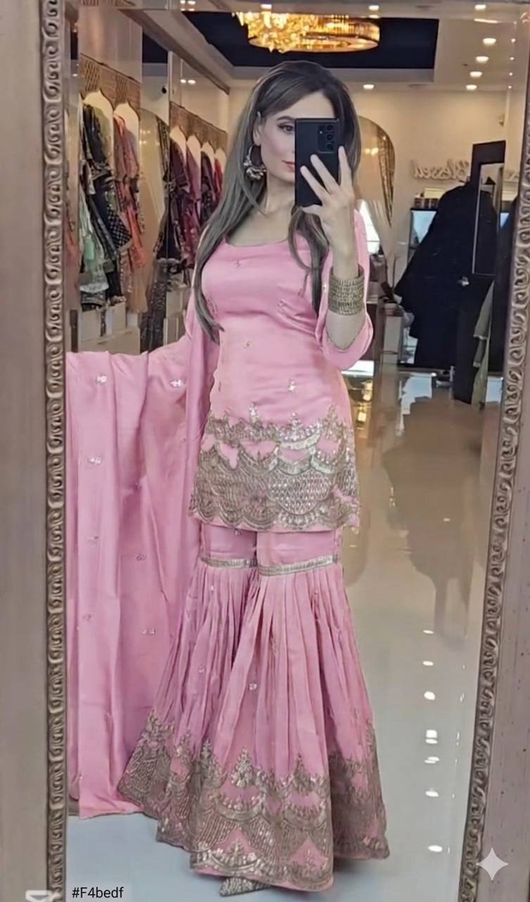 Pink Sharara Suit Set for Women with Dupatta | Designer Embroidered Party & Festive Wear Ethnic Outfit