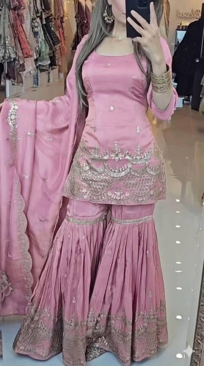 Pink Sharara Suit Set for Women with Dupatta | Designer Embroidered Party & Festive Wear Ethnic Outfit