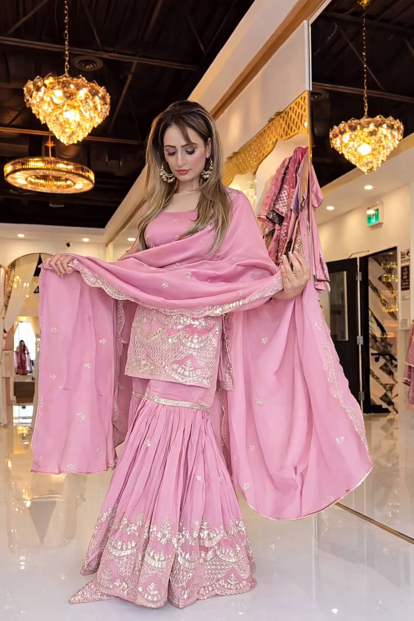 Pink Sharara Suit Set for Women with Dupatta | Designer Embroidered Party & Festive Wear Ethnic Outfit