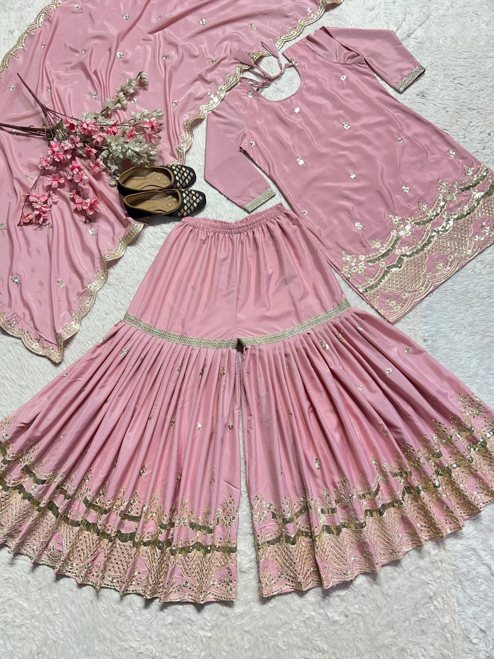 Pink Sharara Suit Set for Women with Dupatta | Designer Embroidered Party & Festive Wear Ethnic Outfit