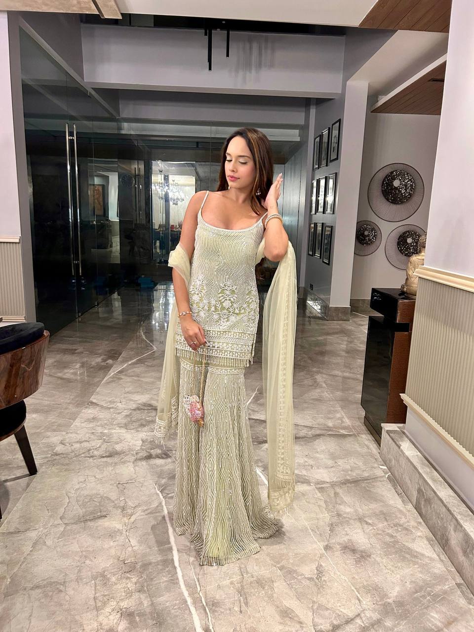 DESIGNER HEAVY SOFT NET TOP WITH FULL CHINE SEQUNCE WORK PALAZZO SUIT