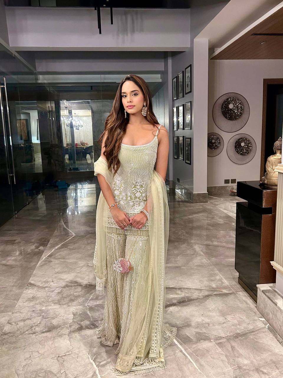 DESIGNER HEAVY SOFT NET TOP WITH FULL CHINE SEQUNCE WORK PALAZZO SUIT