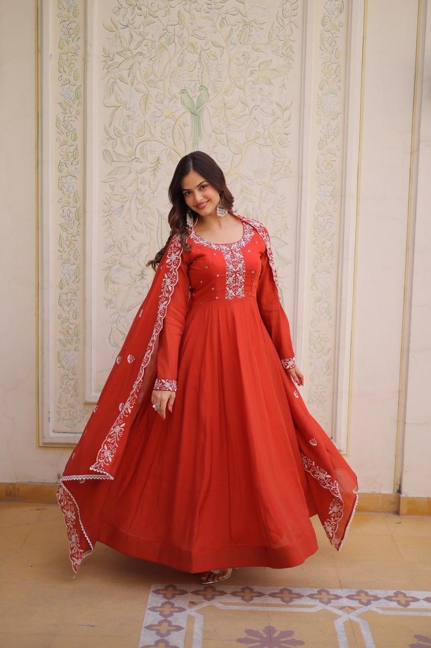 Elegant Red Anarkali Gown with Embroidered Dupatta – Festive & Wedding Wear