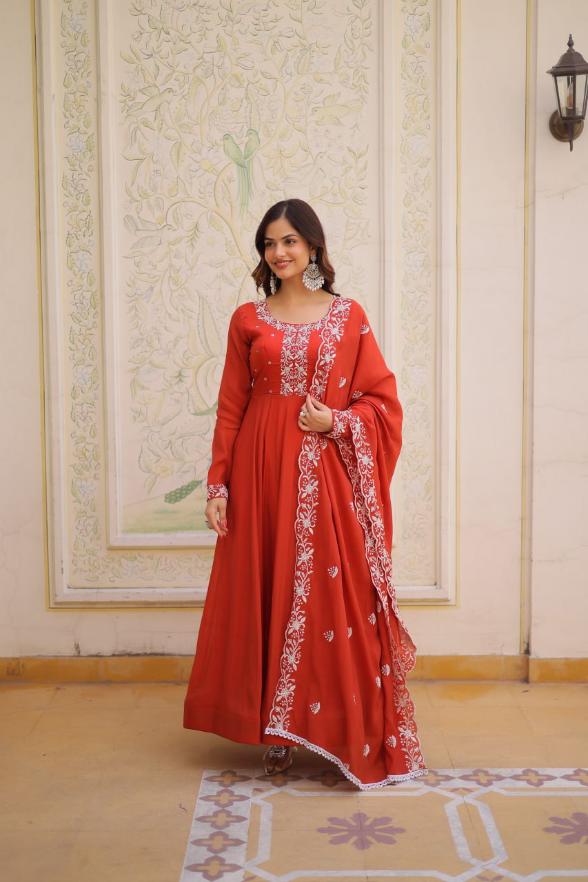 Elegant Red Anarkali Gown with Embroidered Dupatta – Festive & Wedding Wear