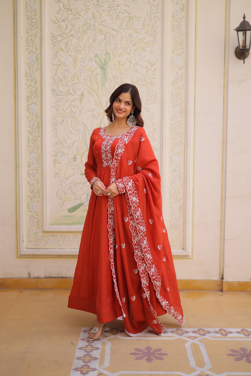 Elegant Red Anarkali Gown with Embroidered Dupatta – Festive & Wedding Wear