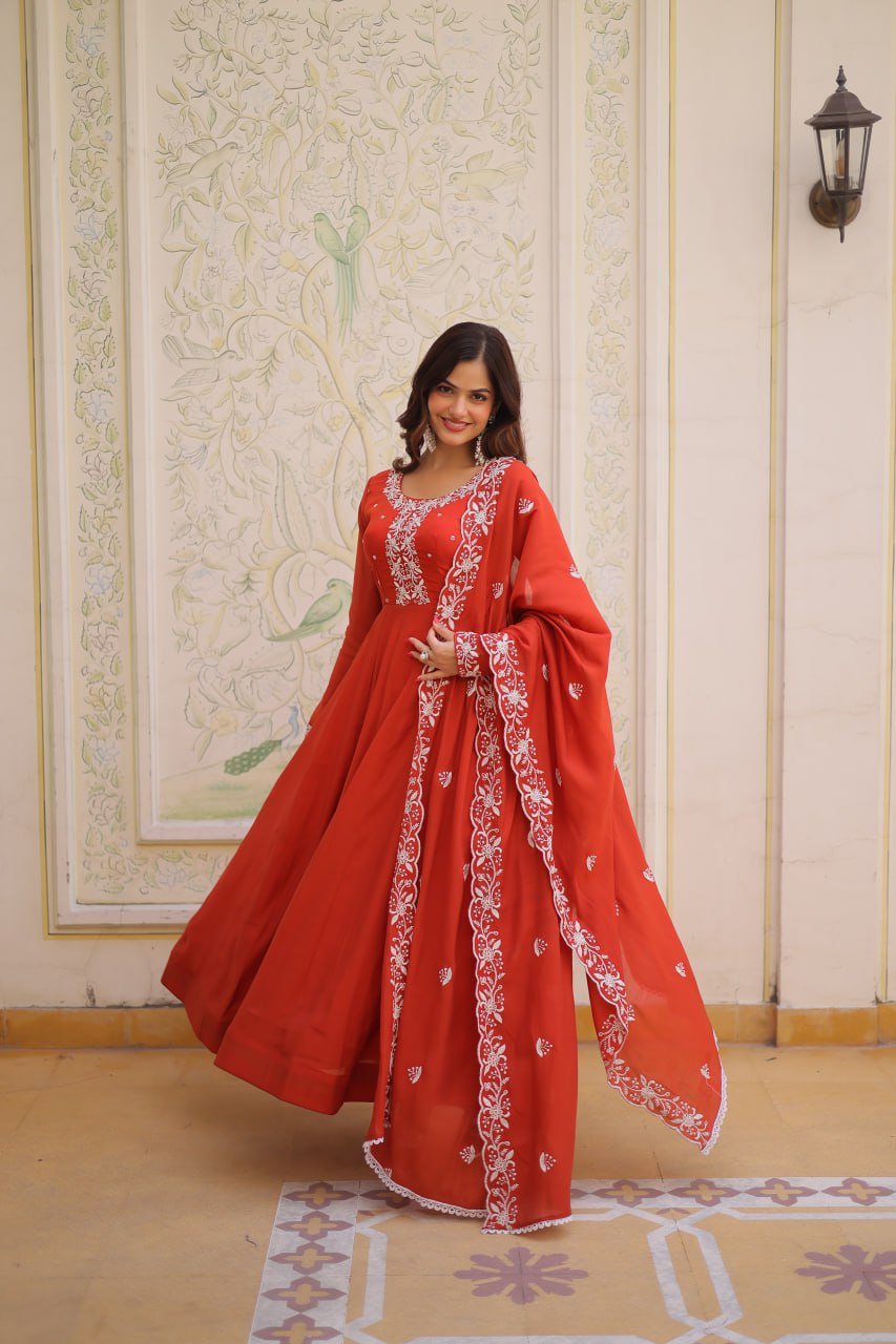 Elegant Red Anarkali Gown with Embroidered Dupatta – Festive & Wedding Wear