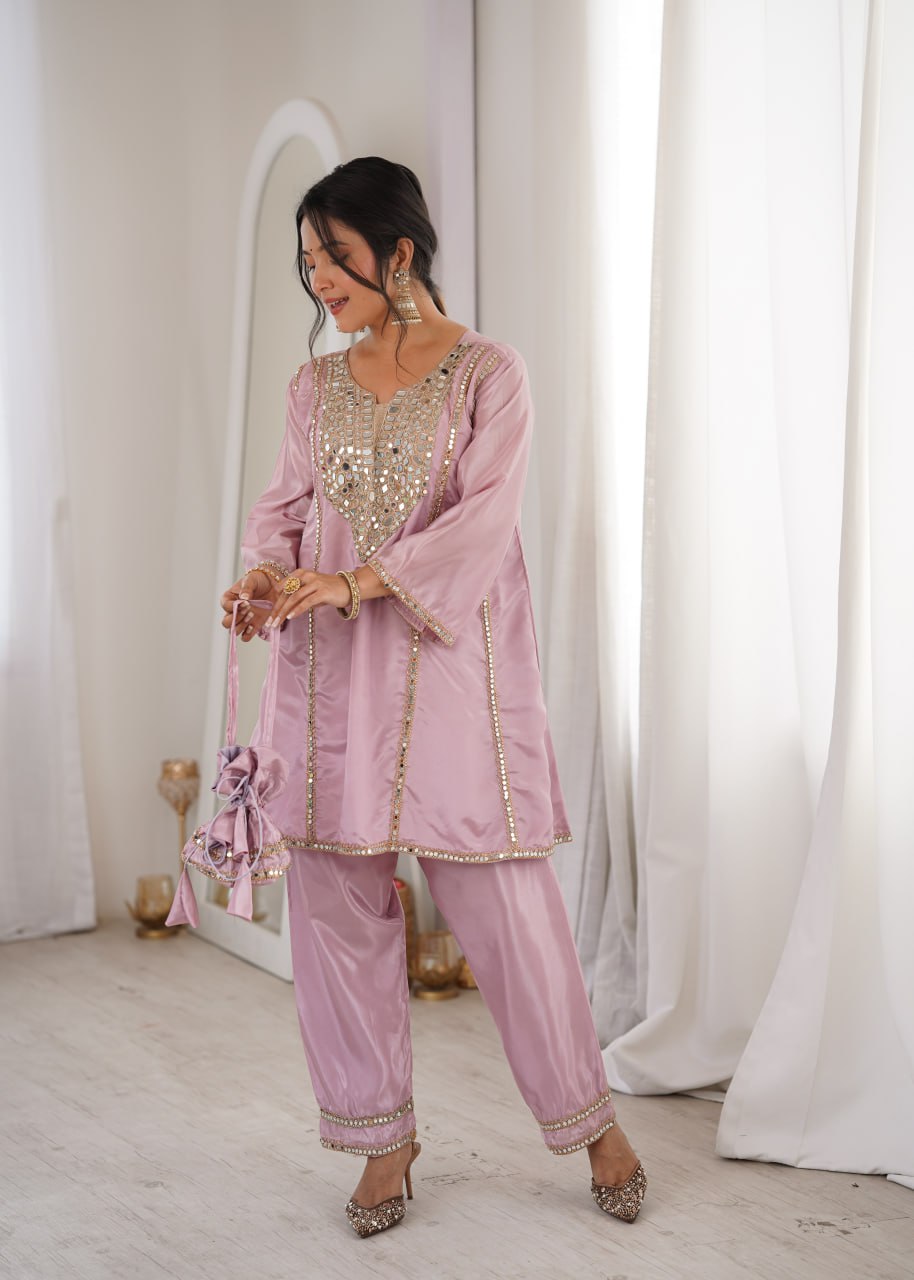 Elegant Mirror Work Kurti Pant Set for Women – Mint Green & Blush Pink Outfit
