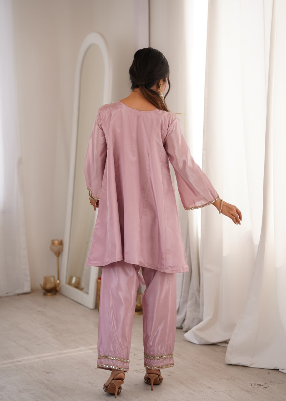 Elegant Mirror Work Kurti Pant Set for Women – Mint Green & Blush Pink Outfit