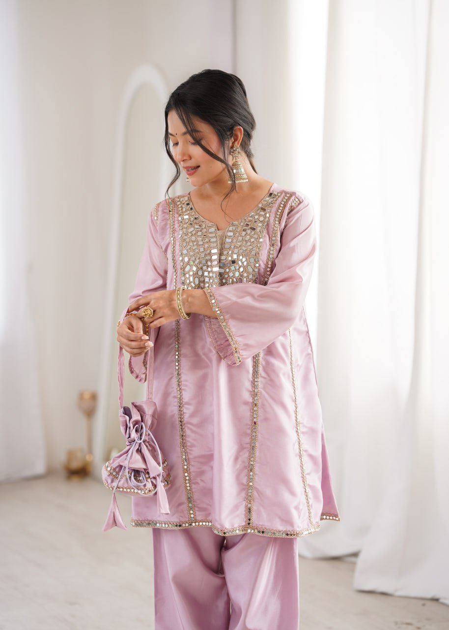Elegant Mirror Work Kurti Pant Set for Women – Mint Green & Blush Pink Outfit