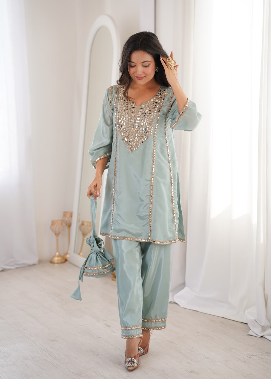 Elegant Mirror Work Kurti Pant Set for Women – Mint Green & Blush Pink Outfit