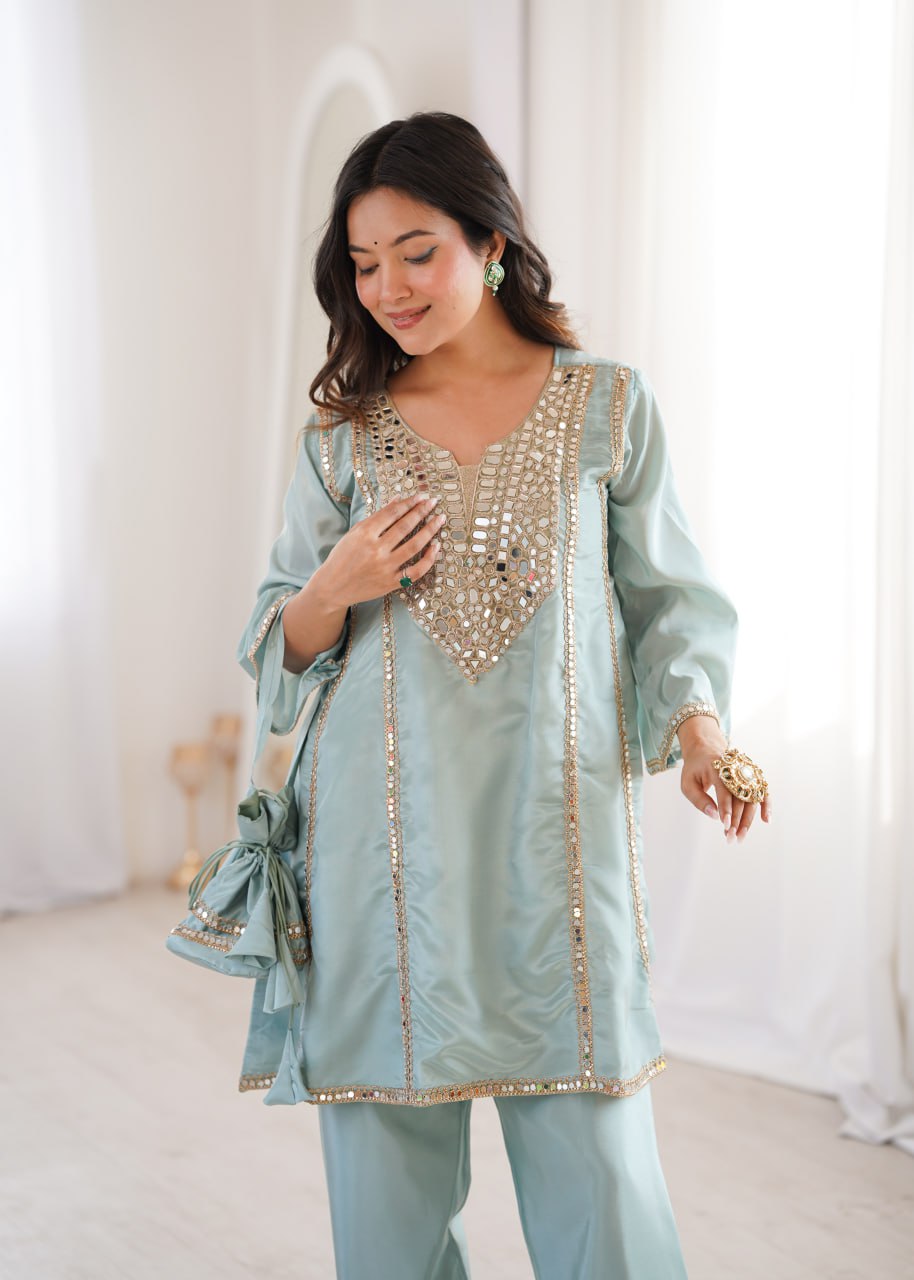 Elegant Mirror Work Kurti Pant Set for Women – Mint Green & Blush Pink Outfit