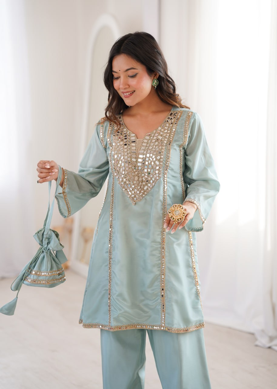 Elegant Mirror Work Kurti Pant Set for Women – Mint Green & Blush Pink Outfit
