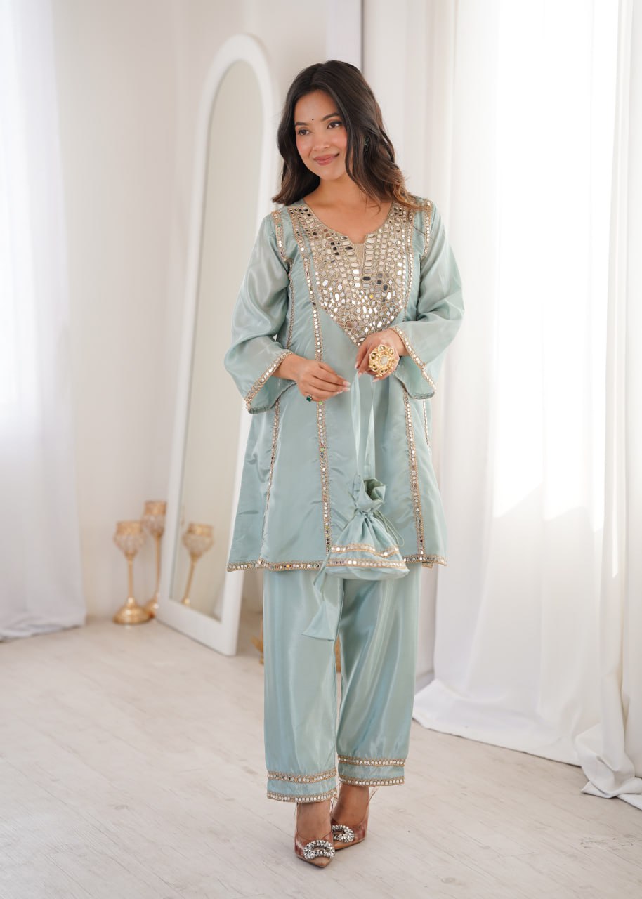 Elegant Mirror Work Kurti Pant Set for Women – Mint Green & Blush Pink Outfit