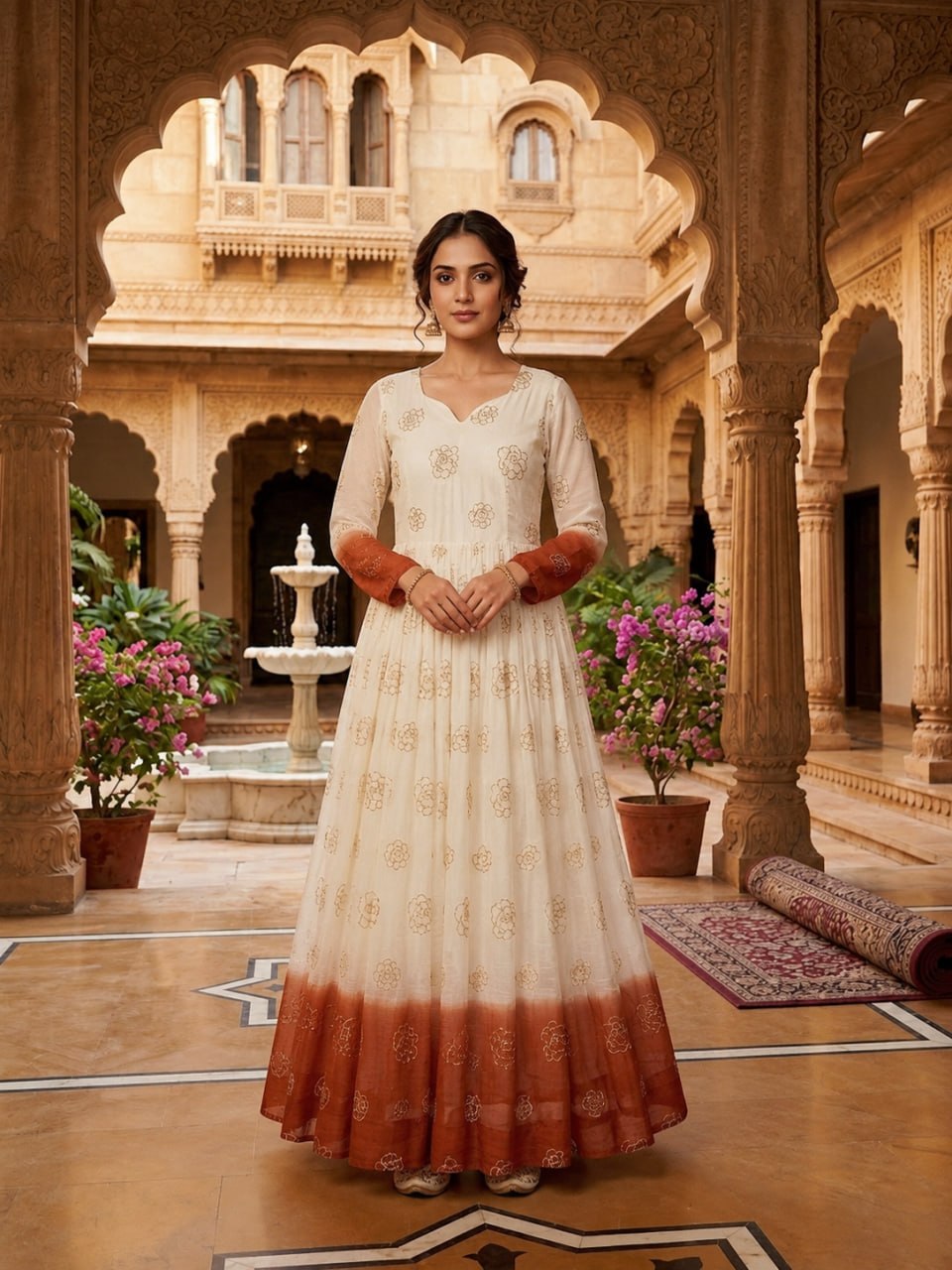 Women's Ombre Dyed Anarkali Gown with Gold Foil Print | Long Flared Ethnic Dress